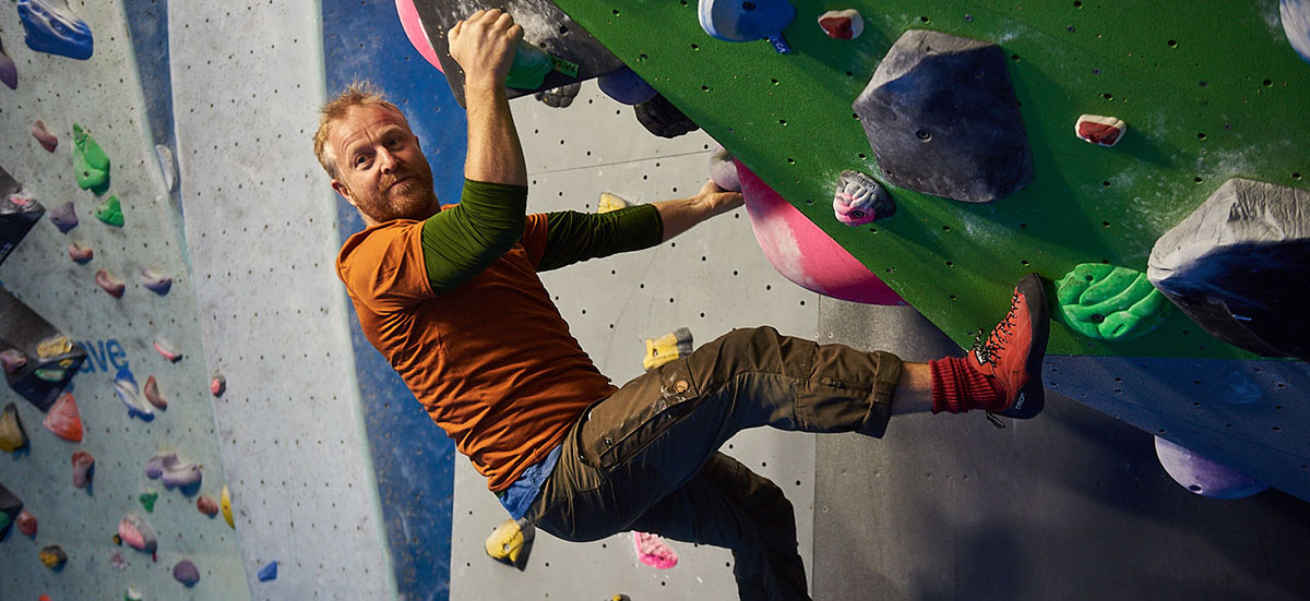 james from mountainwise on an indoor climbing wall